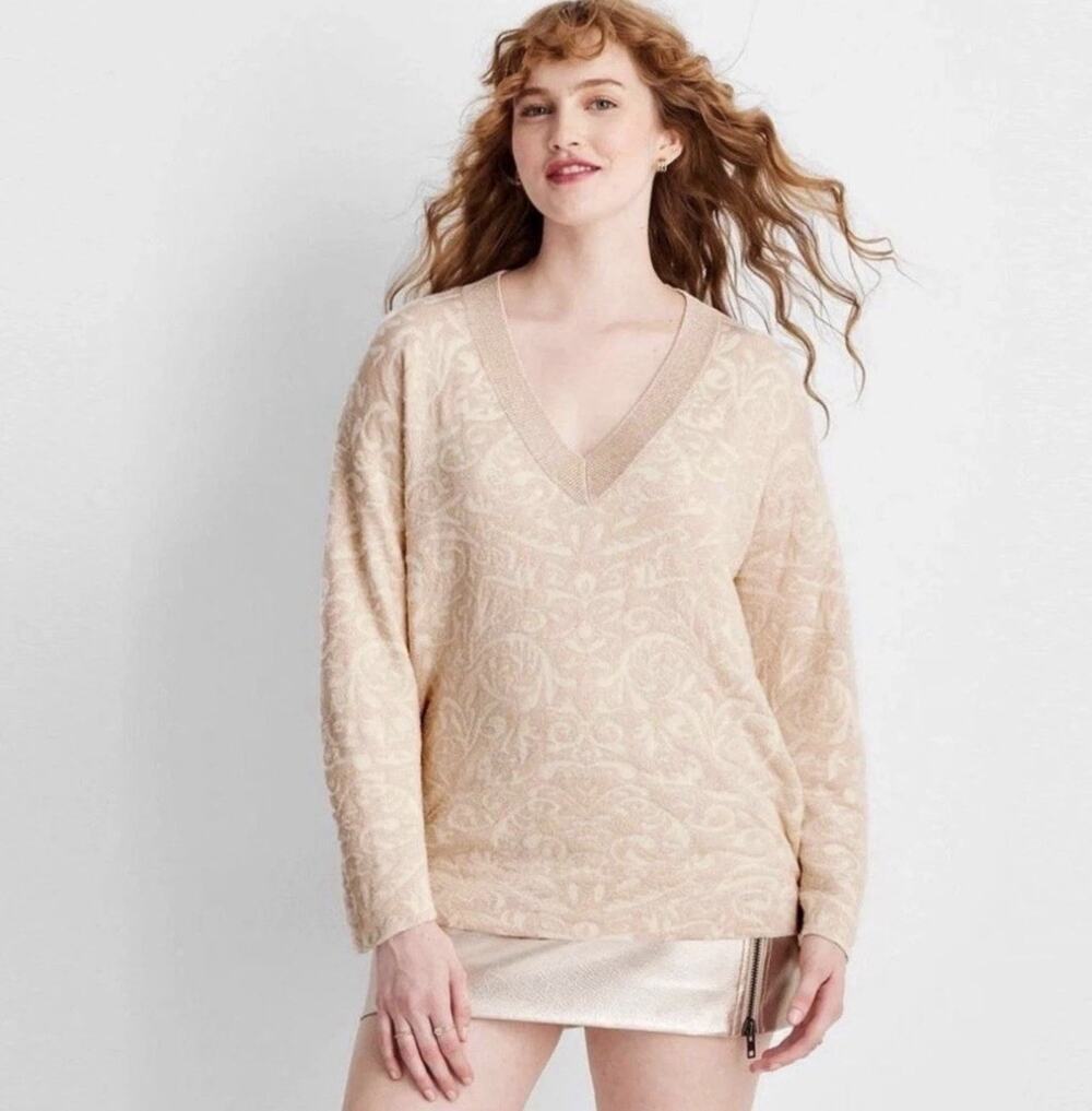 Future Collective V Neck Brocade Sweater Cream Women’s XS NWT